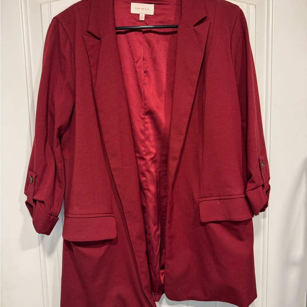 Skies Are Blue Red Blazer with Ruched Sleeves